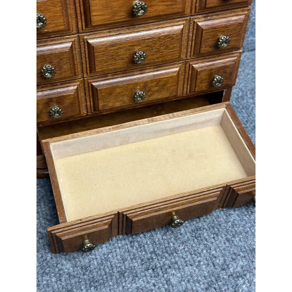 Vintage wooden jewelry box chest drawers hinged top three drawers velvet lined